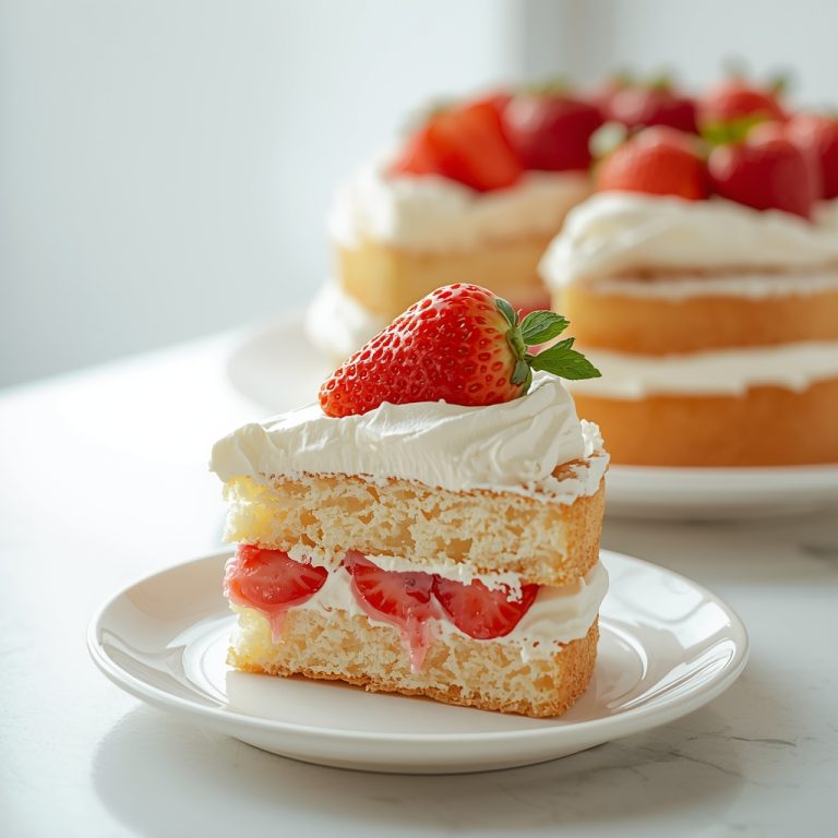 A slice of Strawberry Cake on a white plate